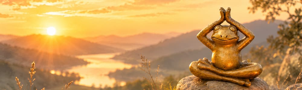 Meditierende Froschfigur im Sonnenuntergang – innere Ruhe und Gelassenheit